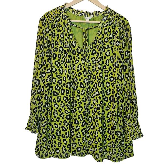 Cato Bright Neon Green Black Leopard Animal Print Mesh 3/4 Sleeve Size 26/28W‎ - Picture 1 of 11